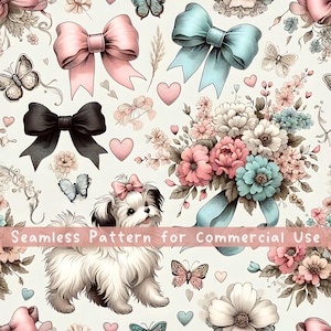 Nastro Coquette Maltese Terrier Modello senza cuciture Cane Coquette Ripetizione del motivo Uso commerciale Fiocchi carini Sublimazione digitale png Fiocchi floreali