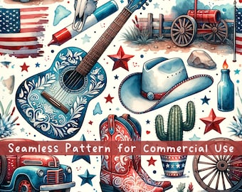 Western 4th of July Seamless Pattern Country Girl Pattern File for Commercial Use Digital Paper Patriotic Cowgirl Repeating Seamless PNG