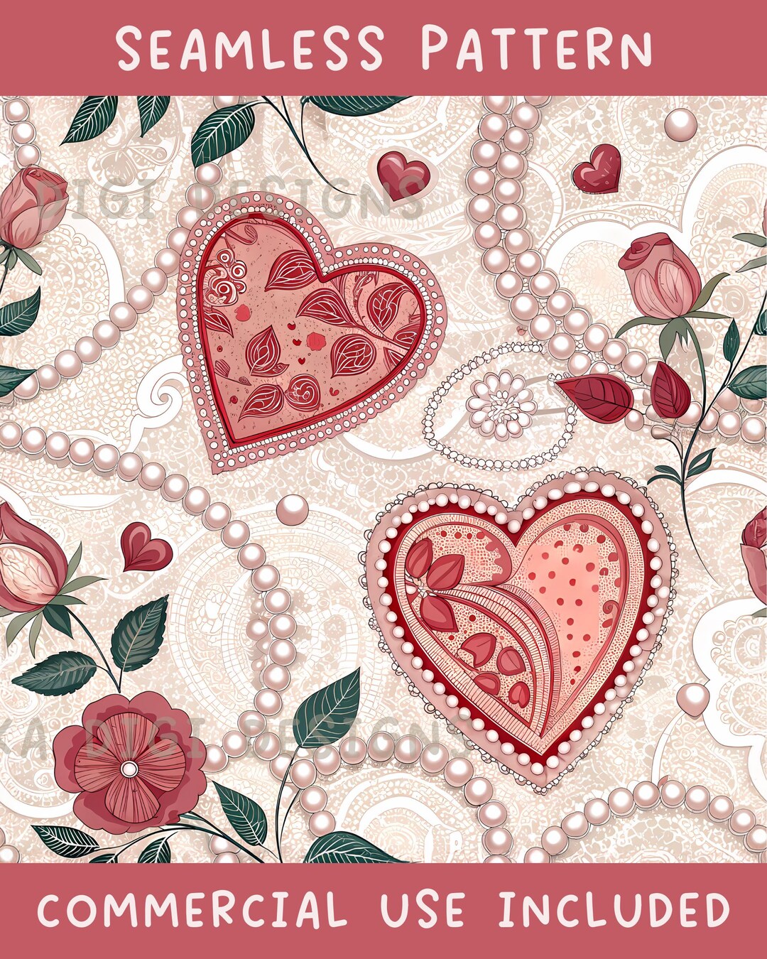 Heart and Pearls Seamless Pattern Repeat Fabric Pattern Digital Paper ...