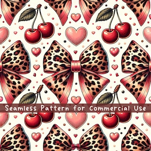 Leopard Bows Seamless pattern Cherry Bows Repeating Pattern Commercial Use Leopard Design Coquette Cute Hearts Sublimation digital png