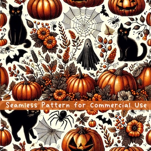 Cute Halloween Seamless Pattern Pumpkin Seamless Pattern Fabric Pattern Spooky Cute Bats Black Cat Pattern Commercial License Halloween PNG