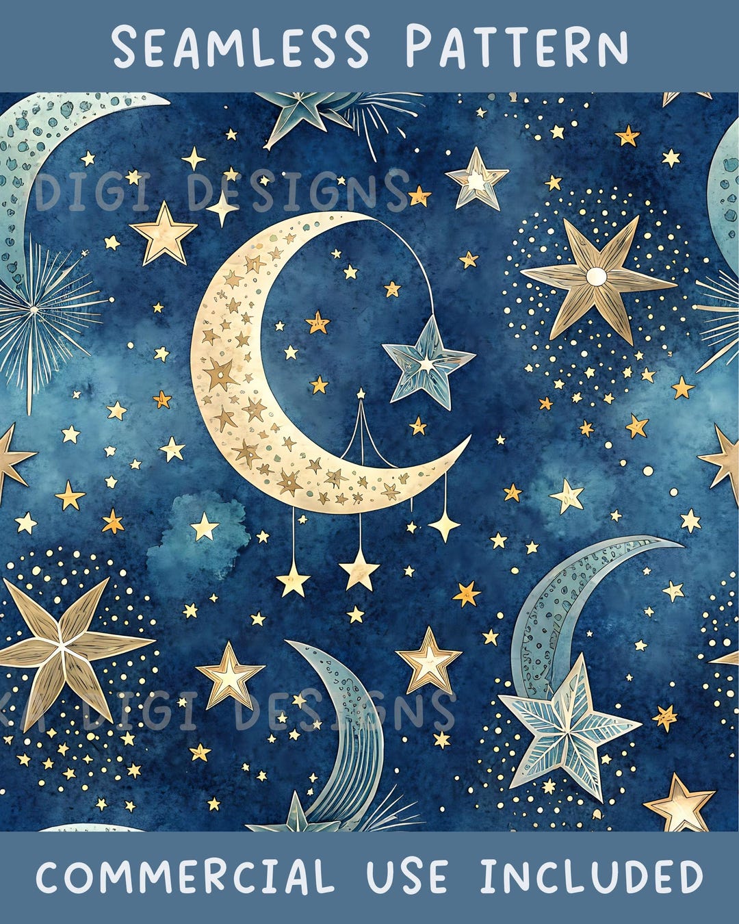 Moon and Stars Seamless Pattern Repeat Fabric Pattern Digital Paper ...