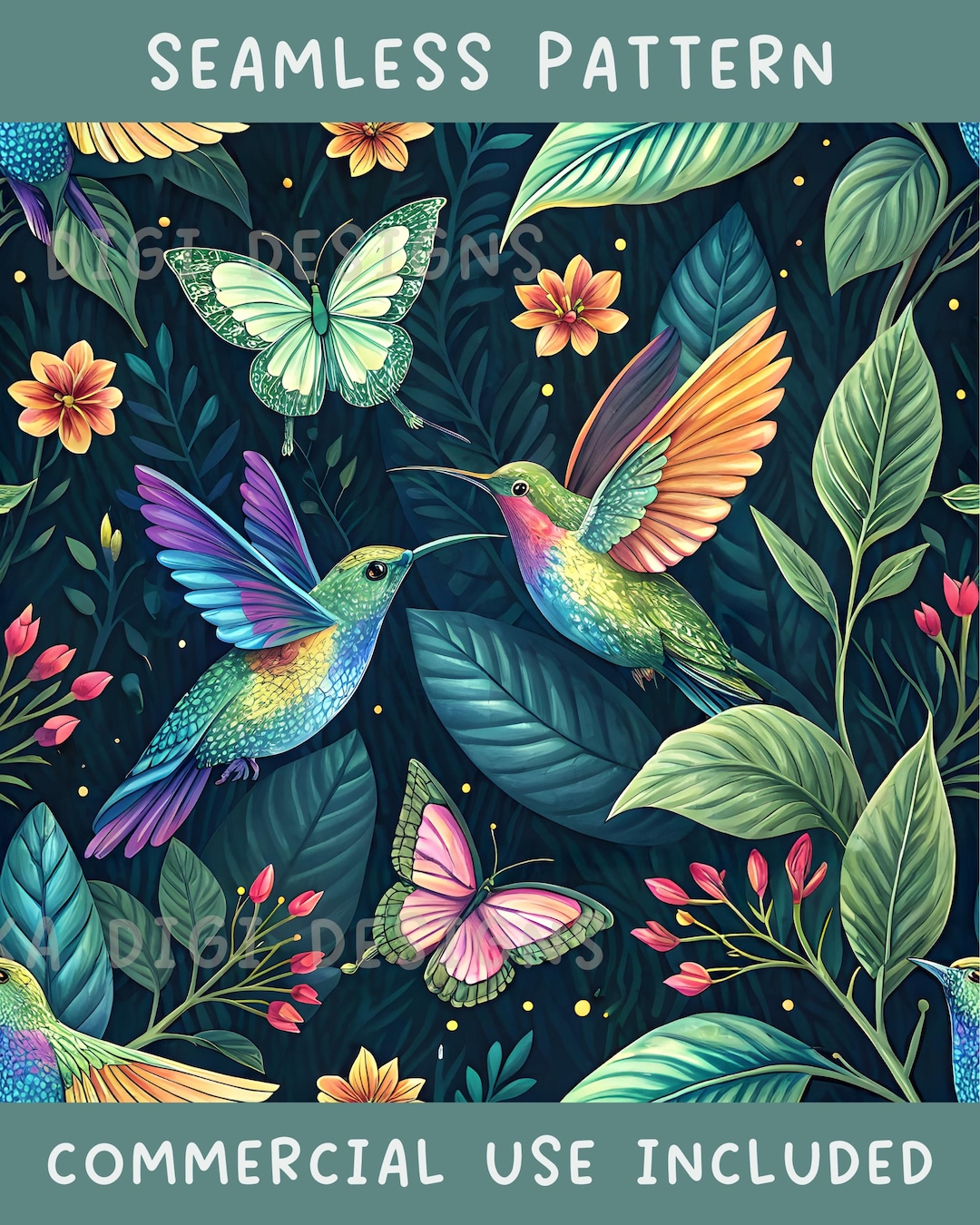 Hummingbird and Butterfly Seamless Pattern Repeat Fabric Pattern ...