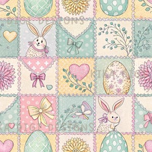 Könnte beinhalten: Ein nahtloses Ostermuster in Pastellfarben mit Quadraten mit Hasen, Eiern, Schleifen, Herzen und Blumen. Das Design enthält den Text "SEAMLESS PATTERN" und "COMMERCIAL USE INCLUDED". Die Farbpalette umfasst Rosa, Gelb und Türkis.