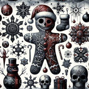 May include: A seamless Christmas pattern featuring a gingerbread man with a skull design wearing a Santa hat, surrounded by snowflakes, ornaments, a snowman, and skulls. The design includes the text "SEAMLESS PATTERN" and "COMMERCIAL USE INCLUDED".