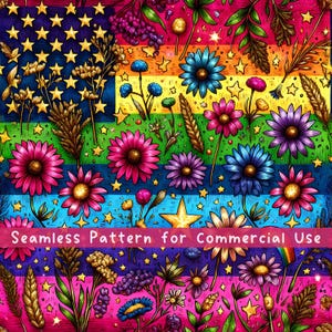 Bandeira do Orgulho com Padrão Sem Costura de Flores de Arco-Íris, Padrão de Repetição de Bandeira Gay, Arquivo Sem Costura para Festa do Mês do Orgulho para Tecido, Download Digital da Bandeira Gay dos EUA
