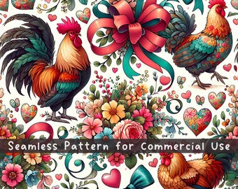 Coquette Chicken Ribbon Seamless pattern Coquette Rooster Repeat Pattern Commercial Use Cute Bows Sublimation digital png Floral Bows Design