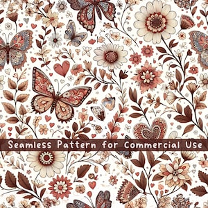 Modello senza cuciture con motivo Paisley a farfalla File di stampa digitale per uso commerciale illimitato Download immediato Sublimazione POD Modello senza cuciture con fiori Boho