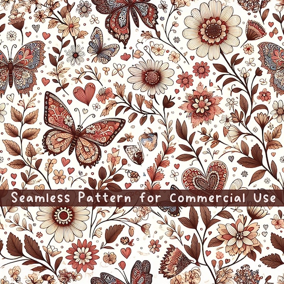 Butterfly Paisley seamless pattern Unlimited Commercial Use digital print file instant download Sublimation POD Boho Flower seamless Pattern