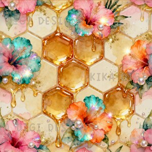 Pode incluir: Design de padrão sem costura com flores de hibisco em aquarela em rosa, laranja e verde-azulado, com detalhes de pérolas e mel pingando sobre um fundo de favo de mel. O texto "SEAMLESS PATTERN" e "COMMERCIAL USE INCLUDED" é exibido.
