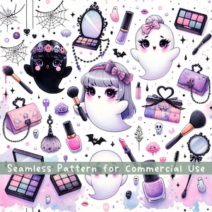 Cute Makeup Artists Ghosts Seamless pattern Halloween Makeup sublimation design Bootician watercolor PNG Repeat Fabric Design Make Up Gift