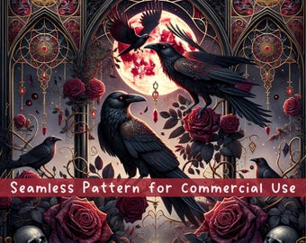 Motivo senza cuciture Dark Gothic Raven Crow Design per sublimazione di Halloween Estetica Dark Cottagecore Halloween da strega File digitale ripetuto