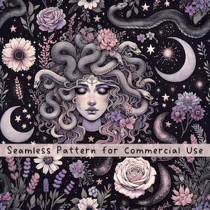 Modèle sans couture de méduse, modèle sans couture de fleurs, motif de tissu, art de la méduse, modèle de la mythologie grecque, licence commerciale, cottagecore sombre PNG
