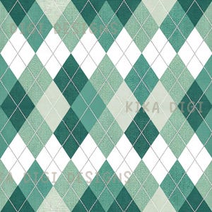 May include: Seamless pattern featuring a repeating argyle design in shades of green and white. The pattern includes the text "SEAMLESS PATTERN" at the top and "COMMERCIAL USE INCLUDED" at the bottom. The design is suitable for various applications.