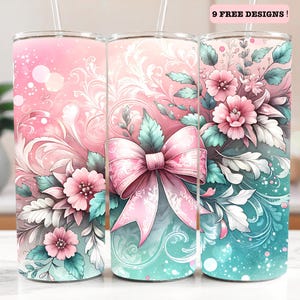 Teal Pink Coquette Flowers Tumbler Wrap, Grand millenial 20oz Skinny PNG, Pink Bow Glitter Sublimation, Glitter Flowers Digital Download