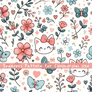 Könnte beinhalten: Ein nahtloses Muster mit weißen Katzengesichtern mit rosa Schleifen, hellblauen Schmetterlingen, rosa Blumen und kleinen roten Herzen auf weißem Grund. Das Bild enthält den Text Seamless Pattern for Commercial Use auf einem rosa Banner.