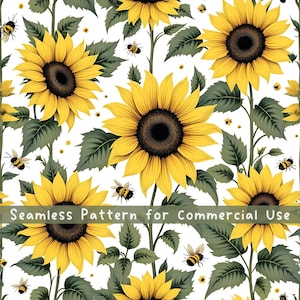 Watercolor Sunflowers and Bees Seamless pattern Flower Seamless Pattern Fabric Pattern Botanical Pattern Commercial License Cottagecore PNG