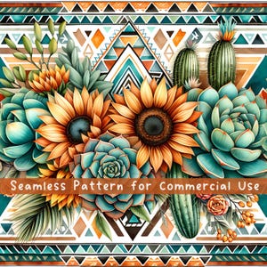 Modèle sans couture occidental, motif numérique aztèque du désert de tournesols bohèmes, téléchargement immédiat, utilisation commerciale de scrapbooking, licence pour sublimation POD