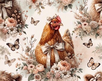 Coquette Hen Seamless Pattern Repeat Fabric Pattern Digital Paper Sublimation Design for Scrapbooking Digital Download PNG Cottagecore