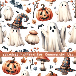 Cute Halloween Seamless Pattern Pumpkin Seamless Pattern Fabric Pattern Spooky Season Pattern Commercial License Watercolor Halloween PNG