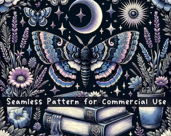 May include: A seamless pattern featuring a large central moth with blue and pink wings, a crescent moon, stars, potted flowers, and two stacked books. The text "Seamless Pattern for Commercial Use" is centered over the books on a dark background.
