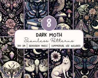 Dark Moth Seamless Pattern Bundle,  Floral Digital Paper PNG,  Sublimation Design, Repeat Pattern Digital Download