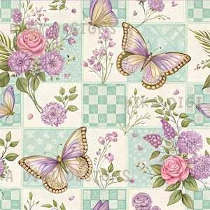 Blue Patchwork Butterfly Seamless Pattern Repeat Fabric Pattern Digital Paper Sublimation Design for Scrapbooking Digital Download PNG