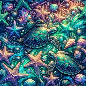 Vibrant Sea Turtles Seamless Pattern Repeat Fabric Pattern Digital Paper Sublimation Design for Scrapbooking Digital Download PNG Starfish