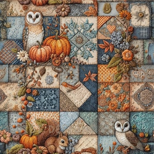 Op de afbeelding: Een naadloos patroonontwerp met een patchwork van vierkanten. Het bevat herfstthema-illustraties zoals pompoenen, uilen, eekhoorns en bloemelementen in oranje, blauw en beige. De tekst "SEAMLESS PATTERN" en "COMMERCIAL USE INCLUDED" worden weergegeven.