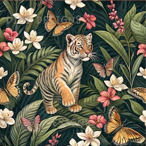 May include: A seamless pattern design showcasing a tiger cub surrounded by tropical plants, butterflies, and flowers. The colour palette includes green, orange, pink, and white. The text "SEAMLESS PATTERN" and "COMMERCIAL USE INCLUDED" are displayed at the top and bottom of the image.