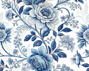 Blue Toile Classic Floral Seamless Pattern Repeat Fabric Pattern Digital Paper Sublimation Design for Scrapbooking Digital Download PNG