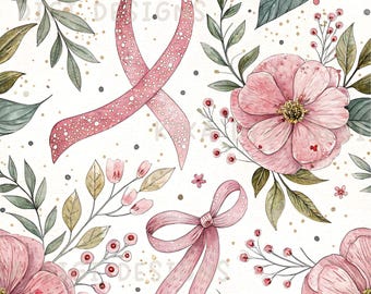 Breast Cancer Seamless pattern Pink Ribbon Floral Seamless Pattern Fabric Pattern PNG Cancer Awareness Repeat Pattern Commercial License