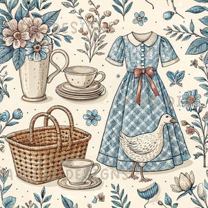 Patrón sin costuras de segunda mano, patrón de tela repetida, papel digital, diseño de sublimación, scrapbooking, descarga digital, vestido cottagecore, picnic PNG