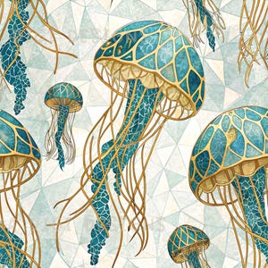 May include: A seamless pattern design featuring teal and gold jellyfish with detailed patterns and flowing tentacles. The background has a light blue geometric design. The text at the top says "SEAMLESS PATTERN" and at the bottom "COMMERCIAL USE INCLUDED".
