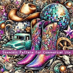 Modello senza cuciture con palla da discoteca e stivali da cowboy, festa da cowgirl, rosa, festa western, notte, png, stivali da cowboy, cappello, glitter, design western a sublimazione