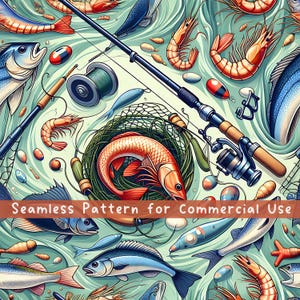 Fischen Nahtloses Muster Fischen Leben Nahtloses Muster Garnelen-Stoffmuster Vintage Sea Life Design Kommerzielle Lizenz Fischliebhaber PNG