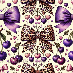 Fioletowa wstążka wiśniowa, bezszwowy wzór, powtarzający się wzór tkaniny, cyfrowy papier, projekt sublimacji do scrapbookingu, cyfrowe pobieranie, PNG, kokarda