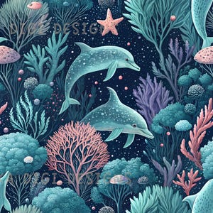 Può includere: Design a motivo senza cuciture con delfini, coralli e vita marina in tonalità blu, rosa e viola. Il design include il testo "SEAMLESS PATTERN" e "COMMERCIAL USE INCLUDED".