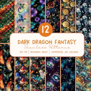 May include: A collection of 12 digital seamless patterns featuring dark dragon fantasy themes, including dragon scales, winged dragons, gold coins, crowns, crystals, feathers, and eggs. The text reads 12 DARK DRAGON FANTASY Seamless Patterns.