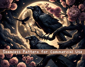 Motivo senza cuciture Dark Gothic Raven Crow Design per sublimazione di Halloween Estetica Dark Cottagecore Halloween da strega File digitale ripetuto
