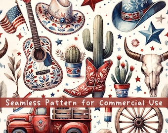 Western 4th of July Seamless Pattern Country Girl Pattern File for Commercial Use Digital Paper Patriotic Cowgirl Seamless Repeating PNG