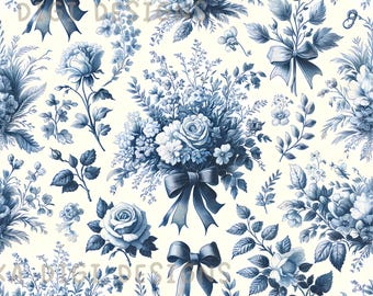 Blue Toile Floral Bouquet Seamless Pattern Repeat Fabric Pattern Digital Paper Sublimation Design for Scrapbooking Digital Download PNG