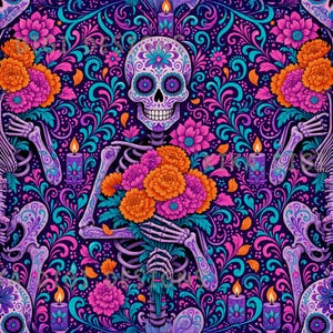 Sugar Skull Skeleton Seamless Pattern Repeat Fabric Pattern Digital Paper Sublimation Design for Scrapbooking Digital Download PNG