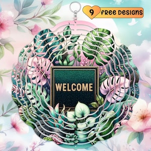 Placa de boas-vindas Design de sublimação de girador de vento tropical, download digital PNG, decoração de jardim de sapo, girador de vento, decoração de primavera da selva Monstera