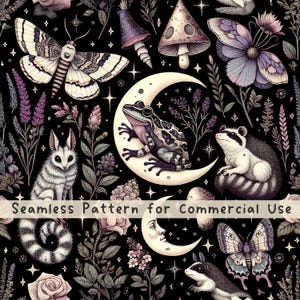 May include: A seamless pattern featuring a black background with illustrations of a moth, a frog on a crescent moon, a raccoon, a lemur, butterflies, mushrooms, roses, and lavender. The text Seamless Pattern for Commercial Use is centered.
