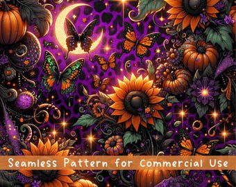 Leopard Sunflowers Seamless pattern Flower Seamless Pattern Fabric PNG Repeat Pattern Gothic Witchy Halloween Leopard Glitter Design File