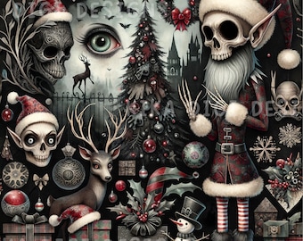 Op de afbeelding: Een naadloos patroon met een skeletfiguur in een kerstmanpak, een schedel met een kerstmuts, een rendier, een kerstboom, een sneeuwpop en cadeaus. Het ontwerp bevat de tekst SEAMLESS PATTERN en COMMERCIAL USE INCLUDED.