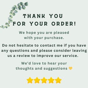 a message that reads "Thank you for your order! We hope you are pleased with your purchase. Do not hesitate to contact me if you have any questions and please consider leaving a review to improve our service. We'd love to hear your thoughts and suggestions." The image also includes a rating system with four stars, indicating a positive experience.