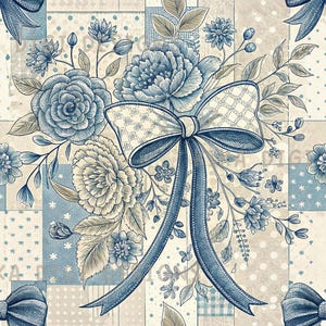 May include: A seamless pattern design showcasing a floral bouquet in shades of blue and cream, accented by a large bow. The design includes the text "SEAMLESS PATTERN" and "COMMERCIAL USE INCLUDED". The background is a patchwork of various patterns.