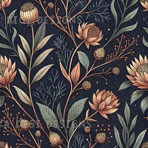 Pode incluir: Padrão sem costura com elementos botânicos estilizados em tons de ouro, verde sálvia e pêssego sobre um fundo azul marinho escuro. O design inclui flores, folhas e galhos delicados. O texto no topo diz "SEAMLESS PATTERN" e na parte inferior "COMMERCIAL USE INCLUDED".